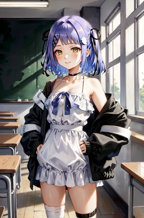 jacket, dress, ribbon, hair ornament, black jacket, white dress, choker, platform footwear, black ribbon, black footwear, hair ribbon, off shoulder, two side up, sleeves past wrists, sleeves past fingers, long sleeves, bandages, hairclip, frills, ShinoRu, 1girl, solo, short hair, purple hair, yellow eyes, small breasts, smile, standing, dynamic pose, <lora:ShinomiyaRuna-01:0.8>, 8k, masterpiece, best quality, absurdres, perfect anatomy, cinematic lighting, cowboy shot, hands on hips, school, classroom