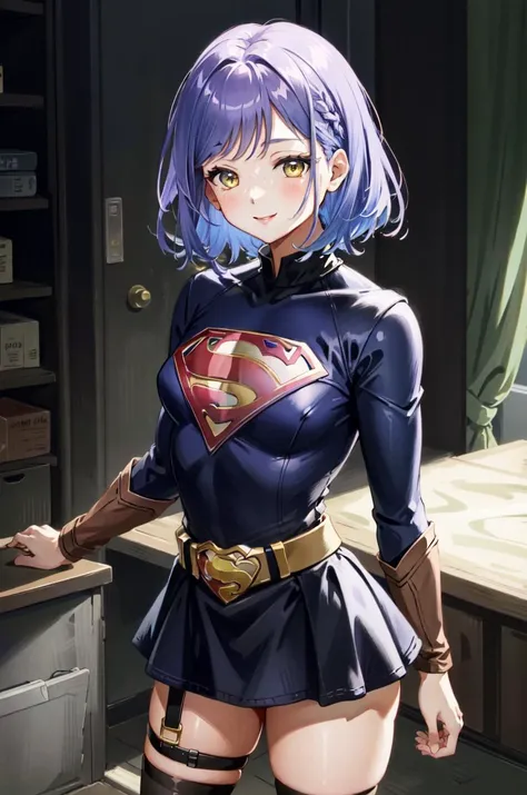 ShinoRu, 1girl, solo, short hair, purple hair, yellow eyes, small breasts, smile, standing, dynamic pose, <lora:ShinomiyaRuna-01:0.8>, 8k, masterpiece, best quality, absurdres, perfect anatomy, cinematic lighting, cowboy shot, (supergirl costume:1.1),