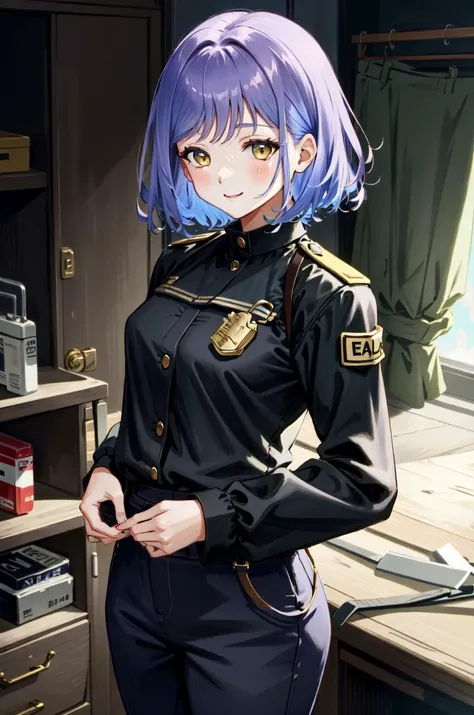 ShinoRu, 1girl, solo, short hair, purple hair, yellow eyes, small breasts, smile, standing, dynamic pose, <lora:ShinomiyaRuna-01:0.8>, 8k, masterpiece, best quality, absurdres, perfect anatomy, cinematic lighting, cowboy shot, (firefighter uniform:1.1), pants,