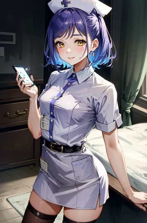 ShinoRu, 1girl, solo, short hair, purple hair, yellow eyes, small breasts, smile, standing, dynamic pose, <lora:ShinomiyaRuna-01:0.8>, 8k, masterpiece, best quality, absurdres, perfect anatomy, cinematic lighting, cowboy shot, (nurse uniform:1.1),