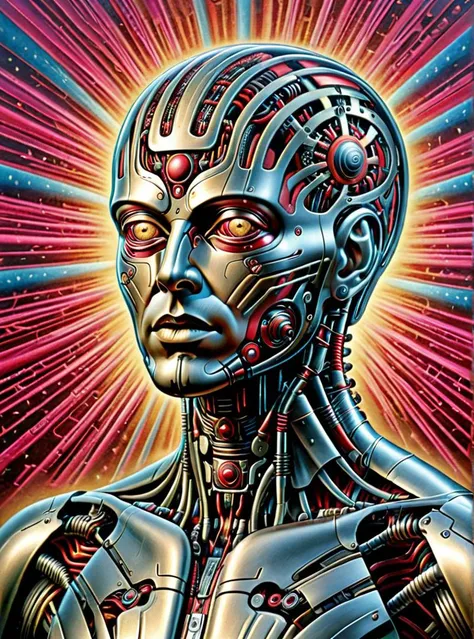 photograph of a ((surreal cyborg)), ((photorealistic, hyperrealistic, 8k, 4k, highres, UHD)), trippy, LSD, DMT, alex grey, al3xxl, 4l1y, visionary, intricate details, psychedelic, best lighting, best composition, cinematic film grain, Fujifilm, sci-fi, futuristic, robot, cosmic, god, android, mech, mechanical, machine, alien tech, high tech, biotech, bionic, science fiction, future machine, gears, wires, cybertronic, cybernetic, electric, laffoley