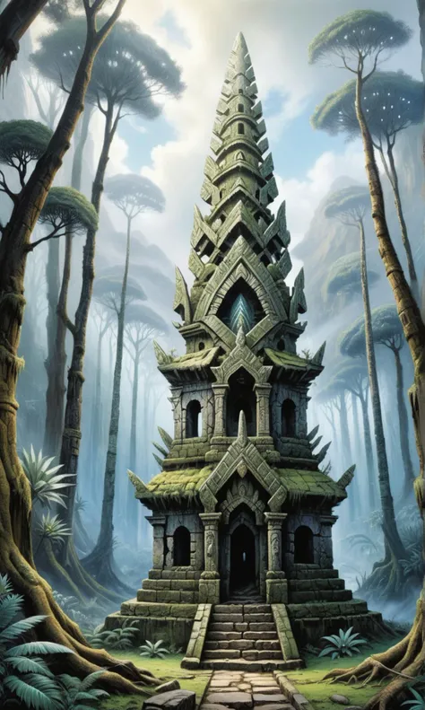 A painting an ethereal Inka Silver Olive spire in ruins in a winter Tropical moist forest landscape, highly detailed stone texture, intricate masonry