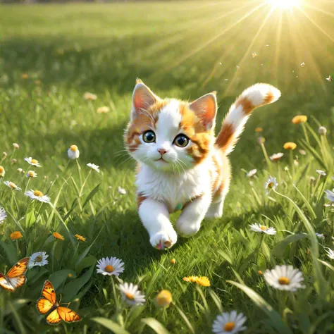 a perfect 3d render of a calico kitten playing in a field, chasing butterflies, beautiful sunlight,