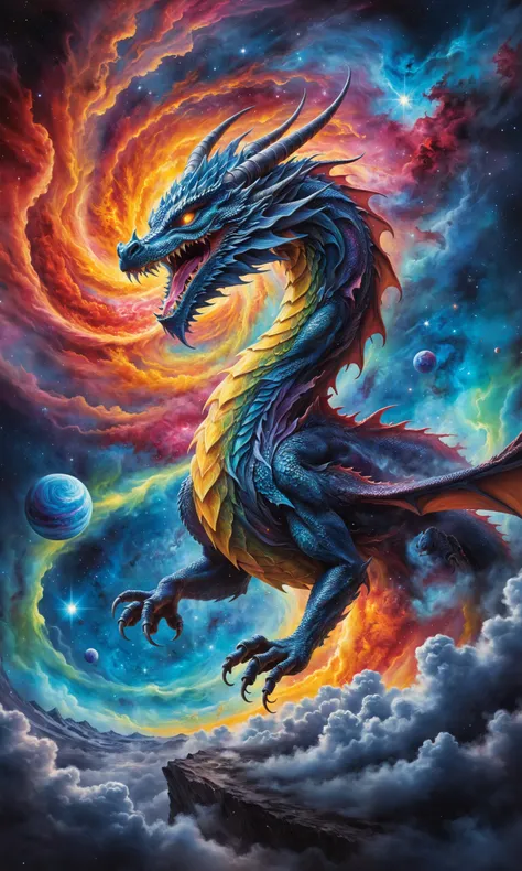A dragon mixed with a nebula, hunting in a vibrant cosmic nebula with bright colors and swirling gas clouds. Watercolor, trending on artstation, sharp focus, studio photo, intricate details, highly detailed