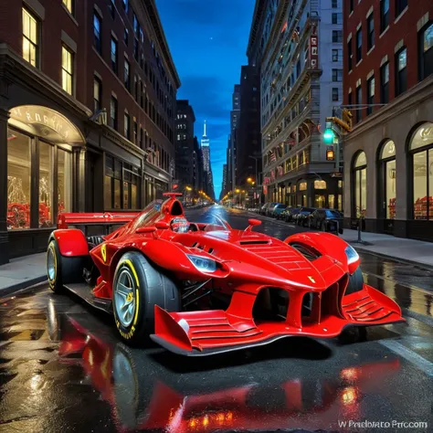 ASCIIFerrari Formula One car, red bioluminescent paint, night photo, New York City streets, ultra-realistic, ((masterpiece))