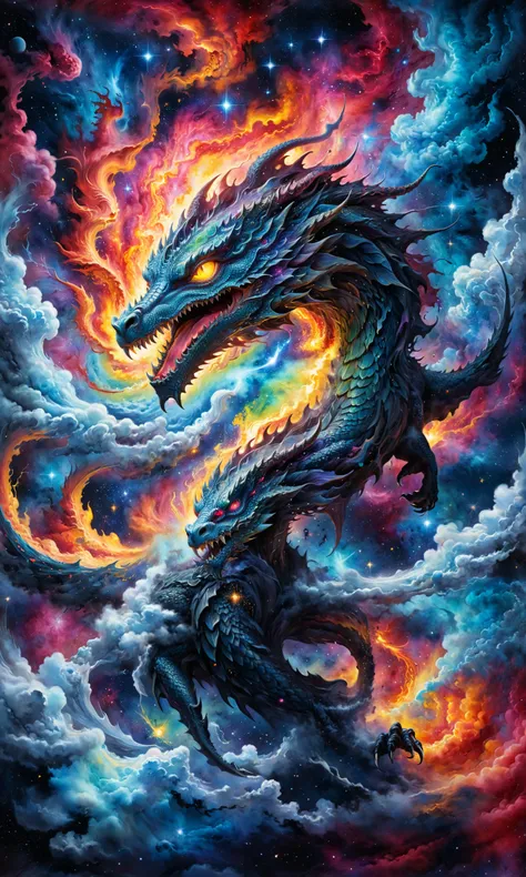 A dragon mixed with a nebula, hunting in a vibrant cosmic nebula with bright colors and swirling gas clouds. Watercolor, trending on artstation, sharp focus, studio photo, intricate details, highly detailed <lora:xl_more_art-full_v1:0.7>