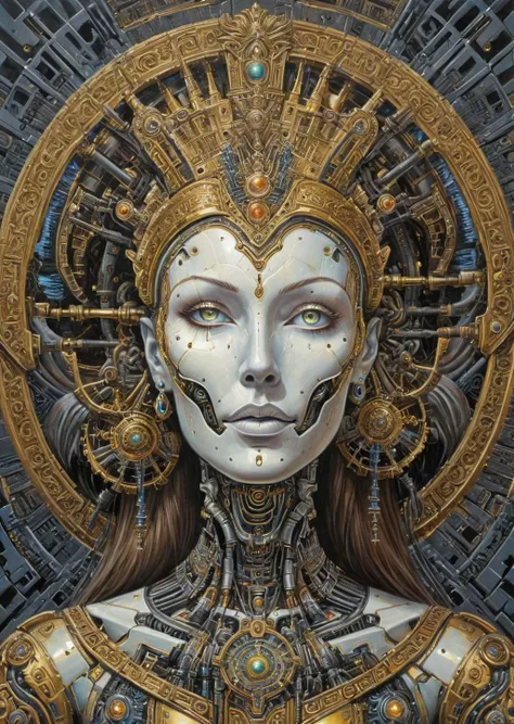 (surreal oil panting) of a ((robotic mech)) queen sitting on her throne, ((robotic face)), (high tech crown), regal portrait, intricate details, fine detailed textures, best lighting, best composition, sci-fi, futuristic, cosmic robot, fractal geometry, ((renaissance portrait))