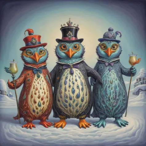 anthropomorphized penguins in the style of Louis Wain