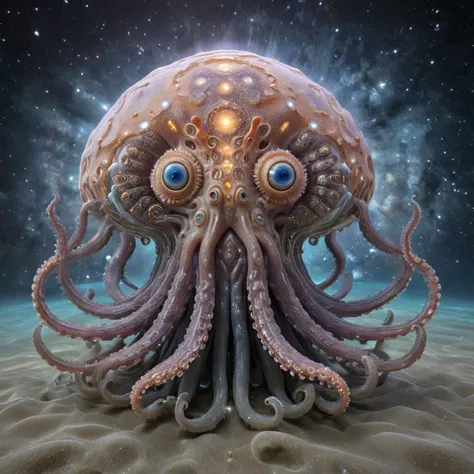 the universe inside an octopus, 3d render, octopus, made of crystal, inside body are visible galaxies, extremely detailed