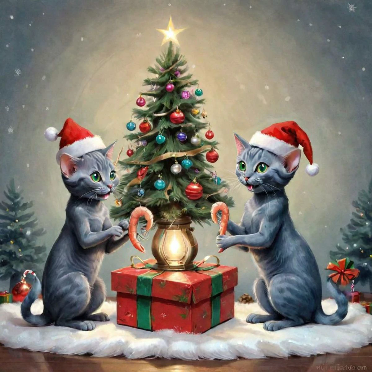 Christmas, lantern, 2 russian blue cats, christmas tree, shrimp, toymouse, cute, fun, elf, present, smile