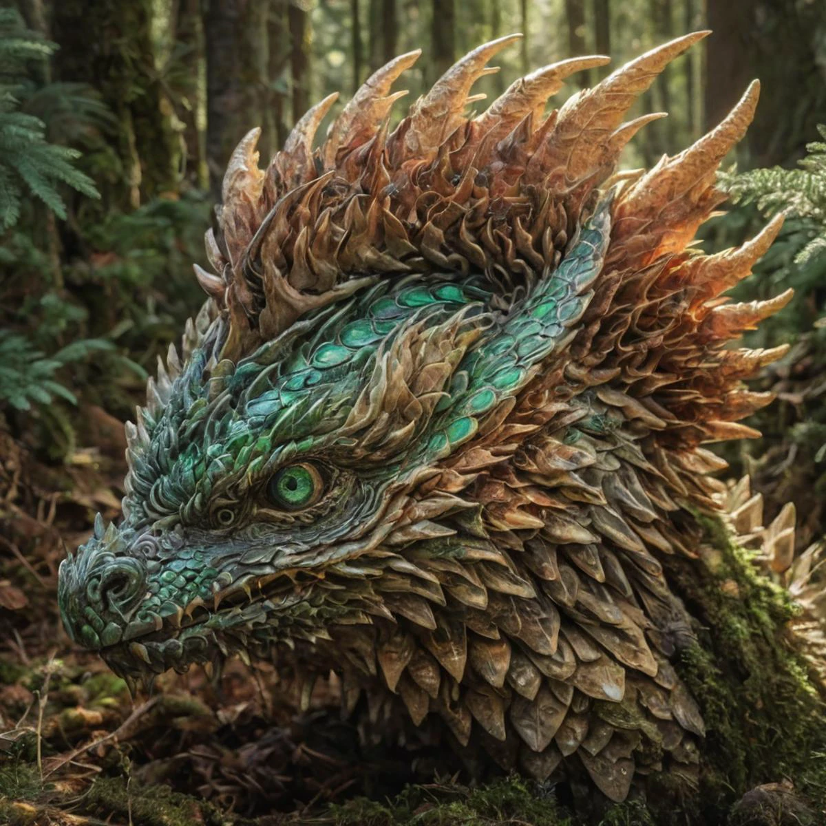 Pinecone Dragon, Scales mimicking the intricate patterns of a pinecone, (close-up), (Sharp Focus), (f_stop 2.8), (focal_length 85mm) macro lens f/2.8, nestled in a (lush) evergreen forest, (sunlight) filtering through the trees, casting (dappled) light on its (textured) body, (emerald) eyes gleaming, (serene) expression, photographed with a (Canon EOS R5), symbolizing (resilience) and (nature's) protection