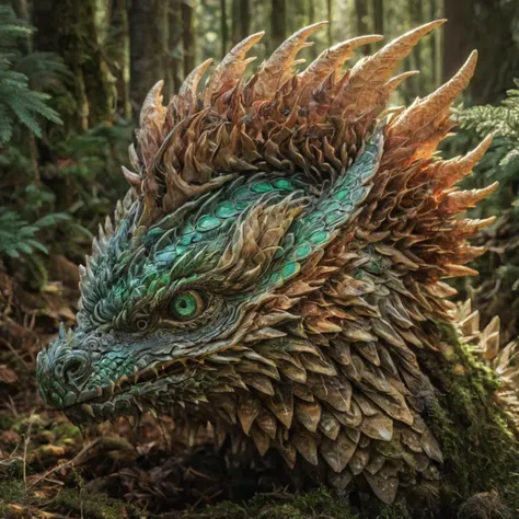 Pinecone Dragon, Scales mimicking the intricate patterns of a pinecone, (close-up), (Sharp Focus), (f_stop 2.8), (focal_length 85mm) macro lens f/2.8, nestled in a (lush) evergreen forest, (sunlight) filtering through the trees, casting (dappled) light on its (textured) body, (emerald) eyes gleaming, (serene) expression, photographed with a (Canon EOS R5), symbolizing (resilience) and (nature's) protection