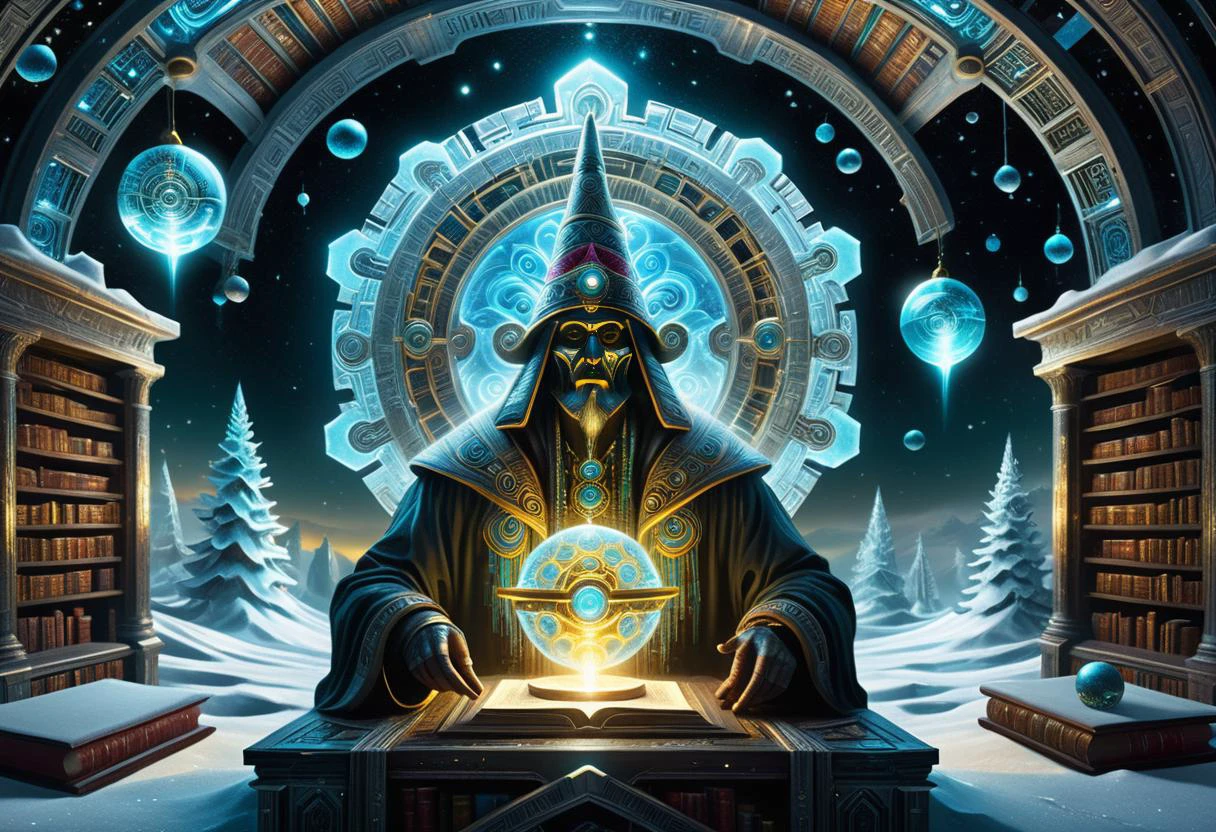 (masterpiece, best quality, ultra_detailed, highres, absurdres:1.2), (surreal:1.3), sci-fi, (oil painting:1.3), cyber shaman wearing a christmas hat, wrapping up a glowing galaxy into a present, close up, surrounded by curious little elves, in an ancient magical library, (living, floating) books, digital streams, conscienciousness flows, (cybernetics:1.4), very dim lighting, intricate details, futuristic, (psychedelic:1.4), cinematic lighting, DonMFr0stP4nkXL, <lora:DonMFr0stP4nkXL-000006:0.75>