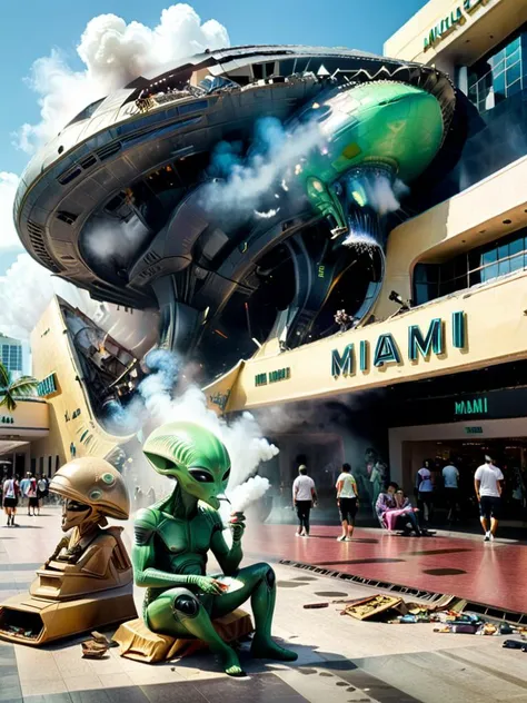 a sad alien smokes, sitting, An alien ship crashed at a shopping mall, people running, text on building says "MIAMI" <lora:xl_more_art-full_v1:1>