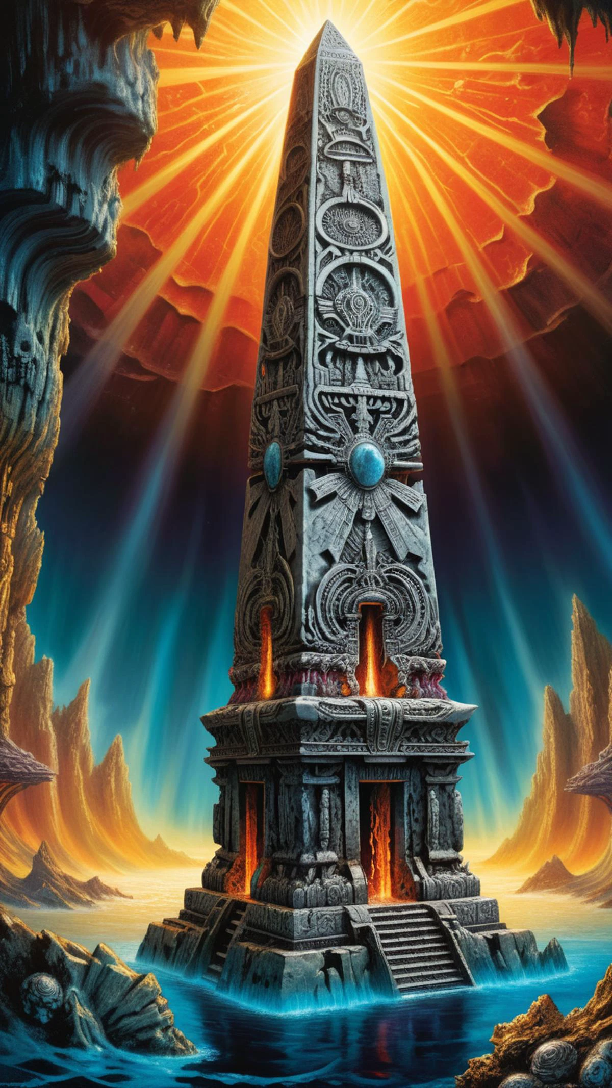 A an ethereal Mayan Nickel silver obelisk in ruins in a summer Deep-sea hydrothermal vent landscape, highly detailed stone texture, intricate masonry