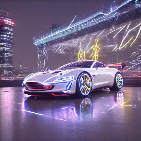 Aston Martin, ((pure-lightning-wheels:1.8)), London cityscape at night, glowing electromagnetic effects, neon reflections, (f_stop 2.8), (focal_length 35mm), vibrant energy, electric aura, dynamic motion, 4k resolution, uhd, hdr