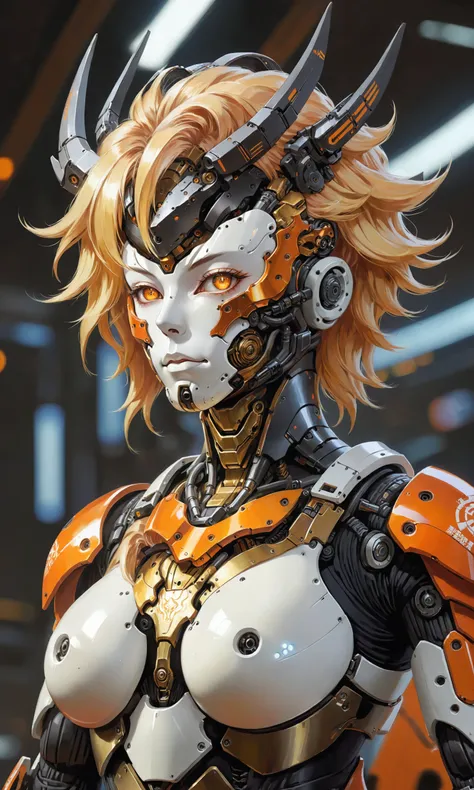 1girl, mecha suit, samurai face mask, menpo, upper body, underboob, portrait, white orange armor, blonde shimmering hair, 8K, RAW, best quality, masterpiece, ultra high res, colorful, (medium wide shot), (dynamic perspective), sharp focus , (depth of field, bokeh:1.3), extremely detailed eyes and face, beautiful detailed eyes,large breasts,black gold, trimmed gear,In a futuristic weapons factory, ((masterpiece, best quality)), niji, from side, upper body, hips