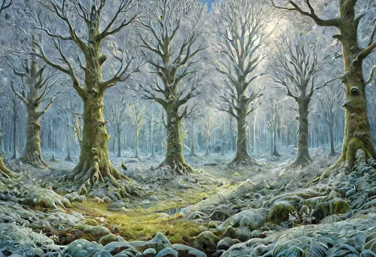 psychedelic, photorealistic, forest, moos, fairytale, frost,