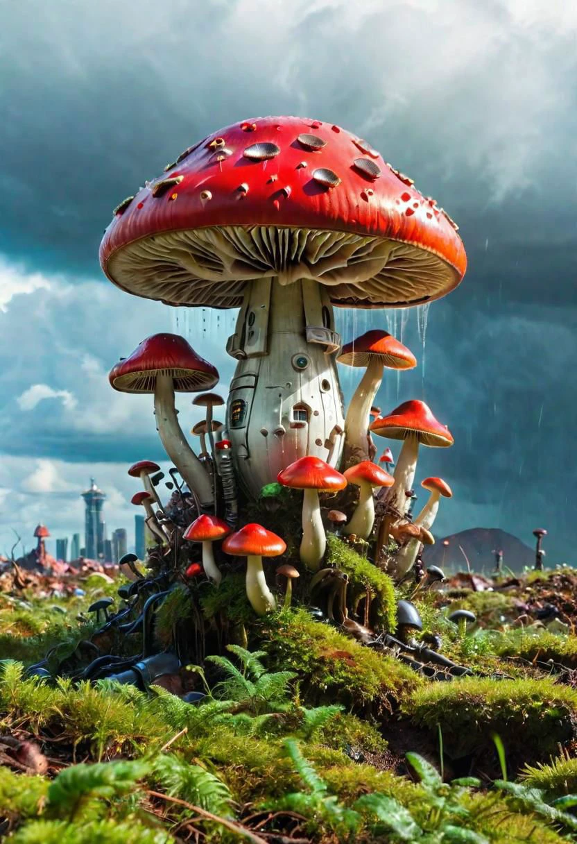 red capped mushroom city, clouded air, acid rain, cybermans everywhere