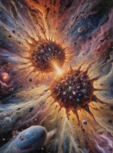 surrealist painting of the birth of the universe, big bang, cosmic space expanding, explosion, ((photorealistic, hyperrealistic, 8k, 4k, highres, UHD)), intricate details, psychedelic