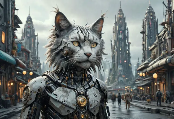 photo of a HuMeow cyborg standing in a future city, ((depth of field)), photorealistic, ((4k UHD, 8k UHD, 16k UHD)), cinematic, masterpiece, sci-fi, futuristic, intricate detailed textures, ((surreal)), fine detailed fur, Norwegian forest cat humeow, humanoid, mechanical