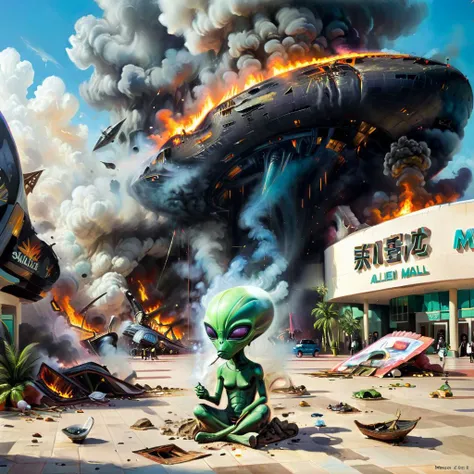 Sad alien smokes, sitting on a ground, An alien ship crashed into the ground at shopping mall, people running, text on shopping mall says "MIAMI MALL" (fire:0.2), (oil painting:0.1) <lora:xl_more_art-full_v1:1>