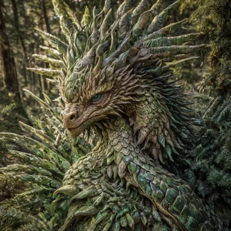 Pinecone Dragon, Scales mimicking the intricate patterns of a pinecone, (close-up), (Sharp Focus), (f_stop 2.8), (focal_length 85mm) macro lens f/2.8, nestled in a (lush) evergreen forest, (sunlight) filtering through the trees, casting (dappled) light on its (textured) body, (emerald) eyes gleaming, (serene) expression, photographed with a (Canon EOS R5), symbolizing (resilience) and (nature's) protection