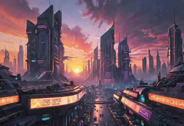 Futuristic city, cyberpunk, sunset, synthwave style