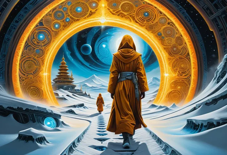 (masterpiece, best quality, ultra_detailed, highres, absurdres:1.2), (surreal:1.3), sci-fi, (oil painting:1.3), 1girl, monk, close up, walking on glowing snow, solar flares under footsteps, conscienciousness flows, (cybernetics:1.4), very dim lighting, intricate details, futuristic, (psychedelic:1.4), cinematic lighting, DonMFr0stP4nkXL, <lora:DonMFr0stP4nkXL-000006:0.75>