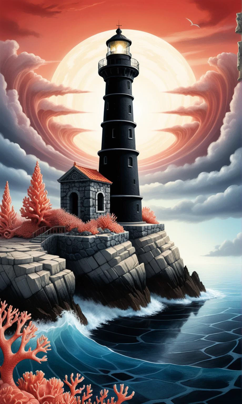 A illustration an ethereal Greek Black lighthouse in perfect condition in a winter Coral reef landscape, highly detailed stone texture, intricate masonry