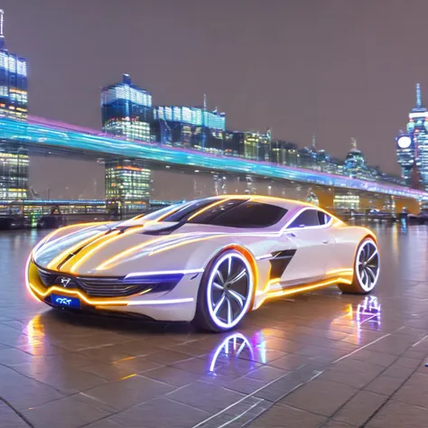 Aston Martin, ((pure-lightning-wheels:1.8)), London cityscape at night, glowing electromagnetic effects, neon reflections, (f_stop 2.8), (focal_length 35mm), vibrant energy, electric aura, dynamic motion, 4k resolution, uhd, hdr