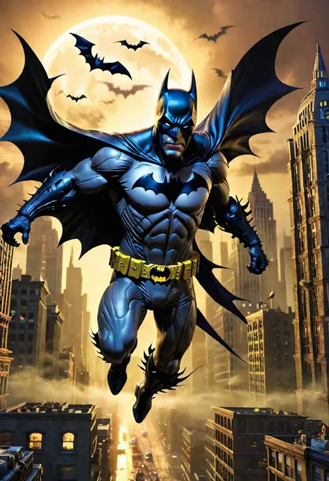 Undead Batman gliding through Gotham City