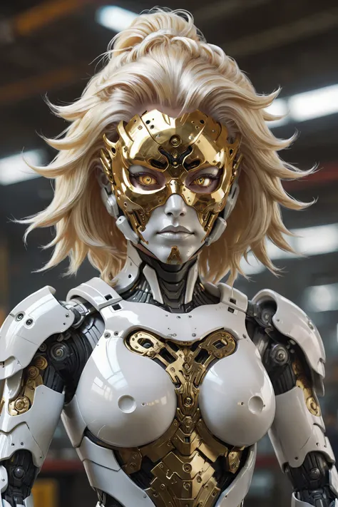 1girl, mecha suit, samurai face mask, menpo, upper body, cleavage, portrait, white gold armor, blonde shimmering hair, (medium wide shot), (dynamic perspective), sharp focus , (depth of field, bokeh:1.3), extremely detailed eyes and face, beautiful detailed eyes, large breasts, In a futuristic weapons factory, from side, upper body, hips
