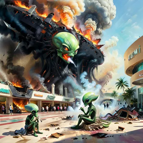 Sad alien smokes, sitting on a ground, An alien ship crashed into the ground at shopping mall, people running, text on shopping mall says "MIAMI MALL" (fire:0.2), (oil painting:0.1) <lora:xl_more_art-full_v1:1>