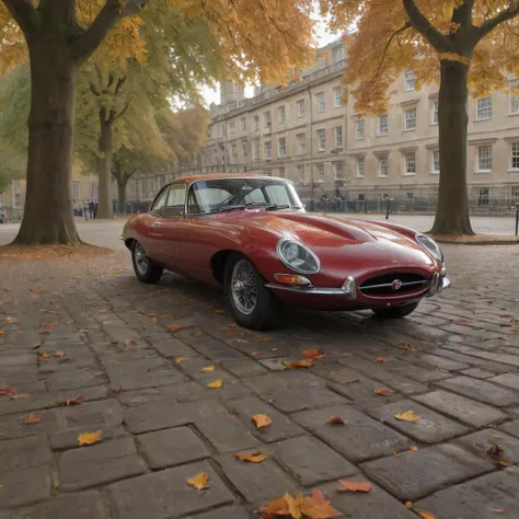 1960s Jaguar E-Type, Oxford University, England, (f_stop 2.8), (focal_length 85mm), timeless elegance, cobblestone streets, historic academic buildings, embodiment of British luxury and innovation, soft morning light filtering through ancient trees, vivid autumn leaves, 4k, uhd, hdr, detailed reflection on polished chrome, air of scholarly prestige
