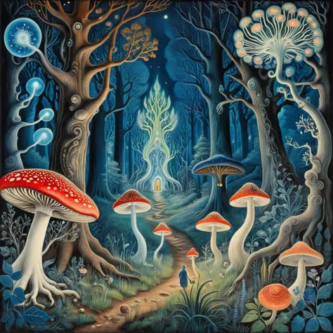 Enchanted forest at night, bioluminescent mushrooms, (ethereal) creatures peeking, ancient trees with faces, combining the intricate linework of Aubrey Beardsley, the vibrant palette of Marc Chagall, the dreamlike quality of Remedios Varo, and the imaginative flora of Ernst Haeckel, magical, lush, otherworldly harmony <lora:xl_more_art-full_v1:1.2>