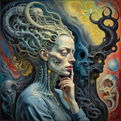 Portrait of a woman lost in thought, half-hidden in shadow, James Jean, Van Gogh, Salvador Dalí, H.R. Giger, blending into a canvas of thought-provoking abstraction, vibrant color clashes against a backdrop of surreal darkness, enigmatic, with a touch of the gothic <lora:xl_more_art-full_v1:1.2>