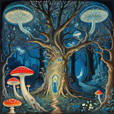 Enchanted forest at night, bioluminescent mushrooms, (ethereal) creatures peeking, ancient trees with faces, combining the intricate linework of Aubrey Beardsley, the vibrant palette of Marc Chagall, the dreamlike quality of Remedios Varo, and the imaginative flora of Ernst Haeckel, magical, lush, otherworldly harmony <lora:xl_more_art-full_v1:1.2>