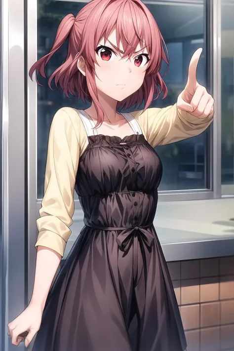 1girl, bangs, eyebrows visible through hair, short hair, reddish-pink hair, akane_eimura, casual dress, 1hand pointing finger on viewers, look at viewer, angry reaction, <lora:add_detail:0.7>