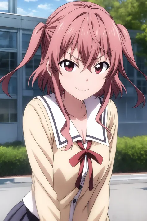 1girl, bangs, eyebrows visible through hair, short hair, reddish-pink hair, pink eyes, anime coloring, bangs, collarbone, hair between eyes, looking at viewer, sailor collar, school uniform, serafuku, smile, solo, two side up, white sailor collar, black skirt, pemcil skirt, akane_eimura, outdoor, pose <lora:add_detail:0.7>