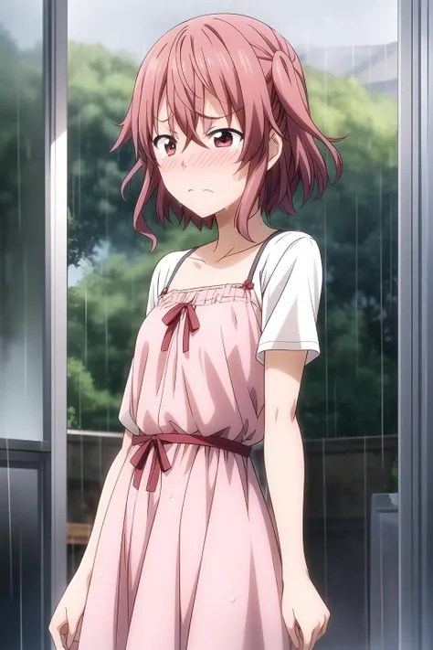 alice maresato, short hair, pink hair, red hair, hairband, pink eyes, parted bangs, dress, frills, long sleeves, pink dress, looking at camera, embarrassed, blush, tears, crying, out of breath, sweating, one girl, flat chest, standing, peeing, holding container, bottle