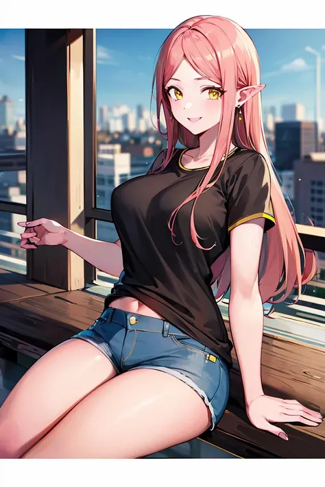 ((masterpiece,best quality)), absurdres,
<lora:Chronoa_LongHair:0.6>, Chronoa_LongHair, pink skin, yellow eyes, tshirt and blue jeans,
smiling,
city in background,