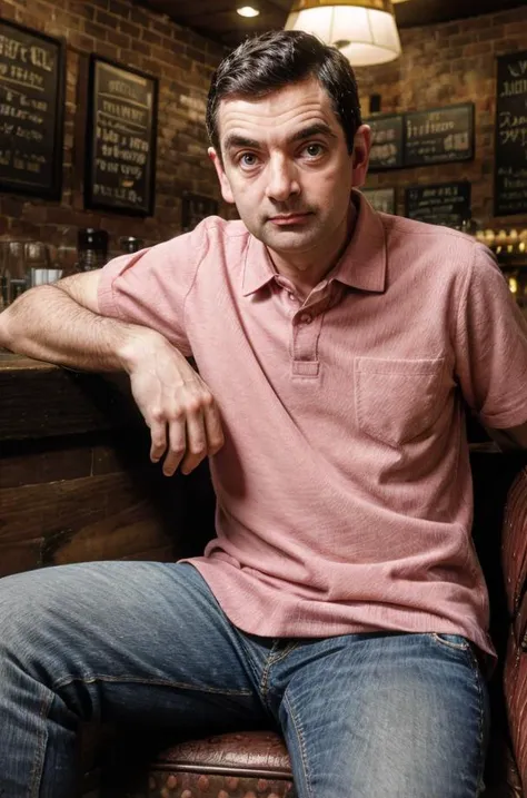 <lora:Mr_Bean-15:0.5>, mrbean sitting at a London pub wearing a pink polo shirt and jeans