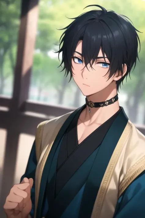 masterpiece, best quality, high quality, 1boy, solo, male focus, looking at viewer, upper body, <lora:son-hak:0.80>, son-hak, black hair, blue eyes, japanese clothes, hair between eyes,