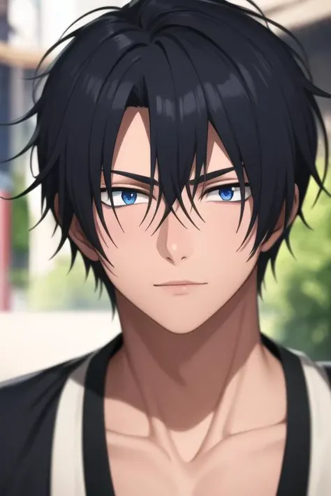 masterpiece, best quality, high quality, 1boy, solo, male focus, looking at viewer, upper body, <lora:son-hak:0.70>, son-hak, black hair, blue eyes, japanese clothes, hair between eyes,