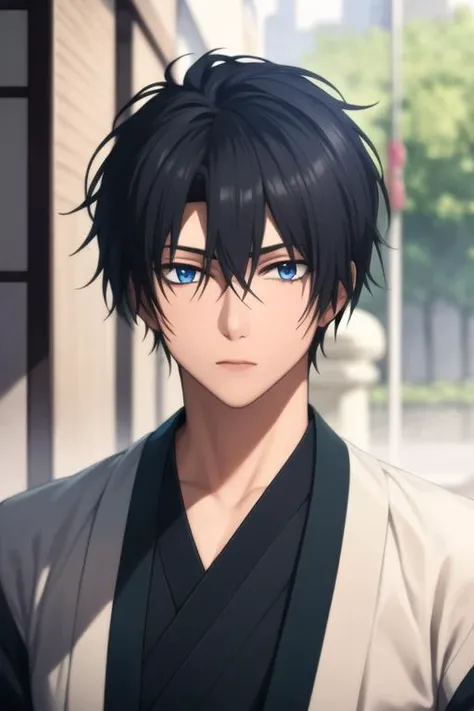 masterpiece, best quality, high quality, 1boy, solo, male focus, looking at viewer, upper body, <lora:son-hak:0.76>, son-hak, black hair, blue eyes, japanese clothes, hair between eyes, <lora:Realism-10:0.25>, Realism