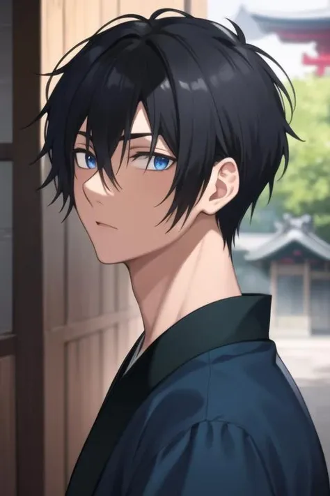 masterpiece, best quality, high quality, 1boy, solo, male focus, looking at viewer, upper body, <lora:son-hak:0.78>, son-hak, black hair, blue eyes, japanese clothes, hair between eyes,