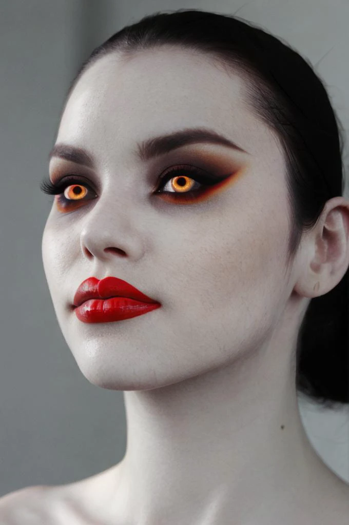 <lora:HinoEnma:0.8> Hino, makeup, red lips, pale skin, glowing eyes, face, close-up