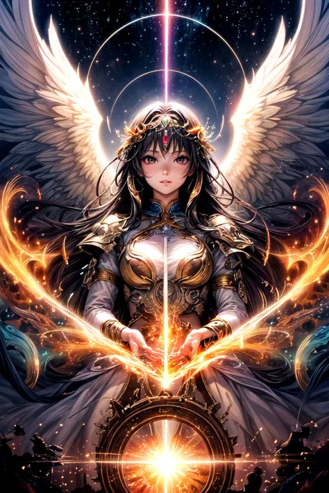masterpiece, best quality, official art, (fractal art:1.3), 1girl, angel, long hair, detailed clothes, front view, character focus, in the sky, cloud, sunset, colorful, cinematic lighting, magical portal, holy light, golden particles, light beams, <lora:add_detail:1.3>