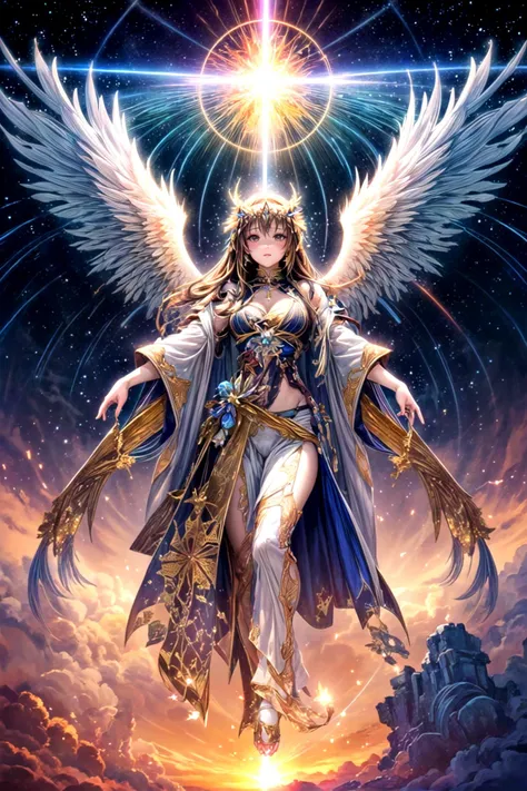 masterpiece, best quality, official art, (fractal art:1.3), 1girl, angel, long hair, detailed clothes, front view, character focus, in the sky, cloud, sunset, colorful, cinematic lighting, magical portal, holy light, golden particles, light beams, <lora:add_detail:1.3>